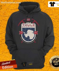 Alt Text: Official Thule Station 1982 Norwegian Antarctic Research Team hoodie featuring logo and vintage design elements.