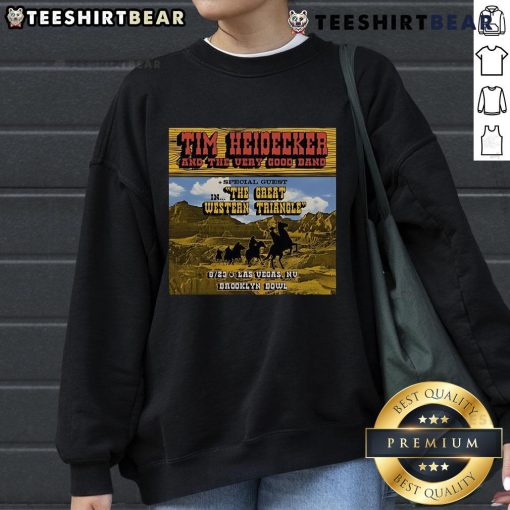 Alt Text: Tim Heidecker The Very Good Band 2025 Tour sweatshirt featuring vibrant design and tour details in the Great Western Triangle.