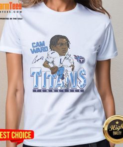Cartoon illustration of NFL player Cam Ward on a ladies tee, showcasing the Official Titans signature design.
