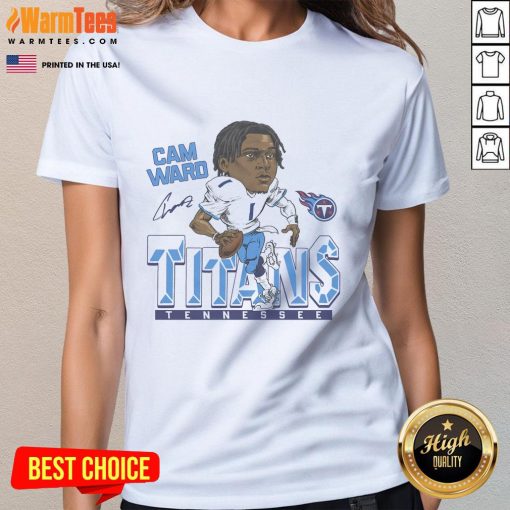 Cartoon illustration of NFL player Cam Ward on a ladies tee, showcasing the Official Titans signature design.