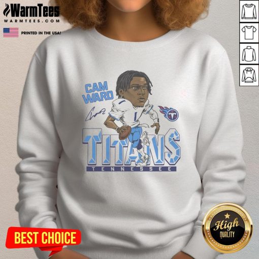 Alt Text: Cartoon sweatshirt featuring Cam Ward's signature, celebrating the NFL football player for Titans fans.