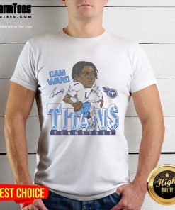 Official Titans Cam Ward signature NFL football player cartoon t-shirt featuring a vibrant graphic of Cam Ward in action.
