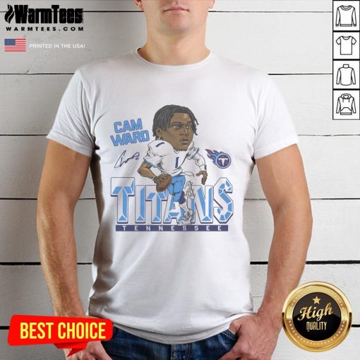 Official Titans Cam Ward signature NFL football player cartoon t-shirt featuring a vibrant graphic of Cam Ward in action.