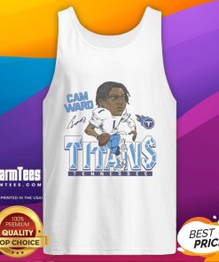 Alt Text: Cartoon illustration of NFL player Cam Ward on a tank top, showcasing his signature for Titans fans.