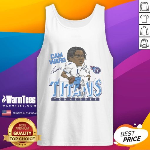 Alt Text: Cartoon illustration of NFL player Cam Ward on a tank top, showcasing his signature for Titans fans.