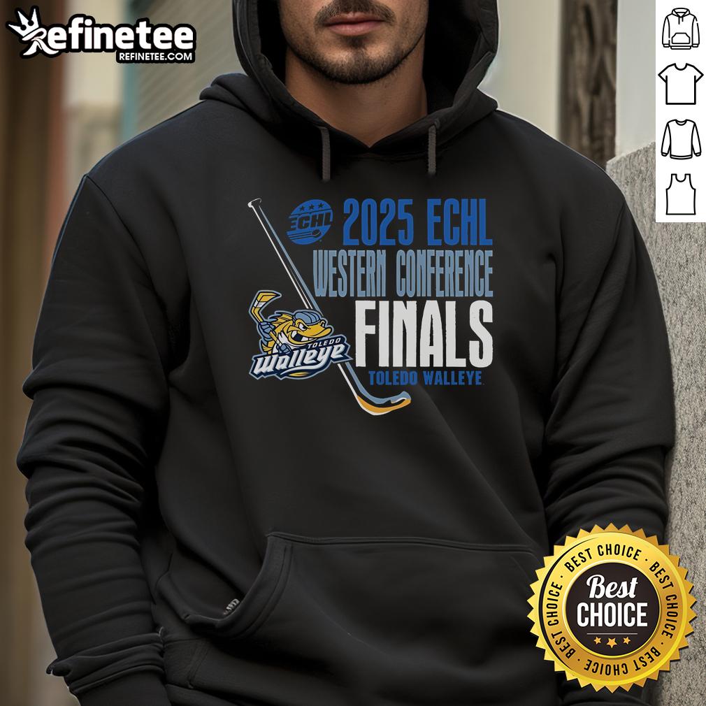 Official Toledo Walleye Landry 2025 Echl Western Conference Finals Hoodie Alt Text: Official Toledo Walleye Landry 2025 ECHL Western Conference Finals hoodie in navy blue with team logo.