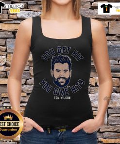 Tom Wilson 'You Get Hit, You Give Hits' tank top showcasing bold graphics for hockey fans and athletes.