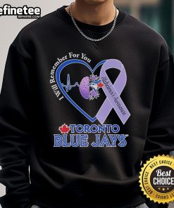 Alt Text: Official Toronto Blue Jays I Will Remember For You Alzheimer's Awareness sweatshirt featuring heartbeat and brain design.