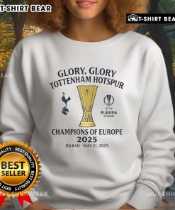 Alt Text: Official Tottenham Hotspur Europa League Champions 2025 sweatshirt featuring team logo and stylish design.