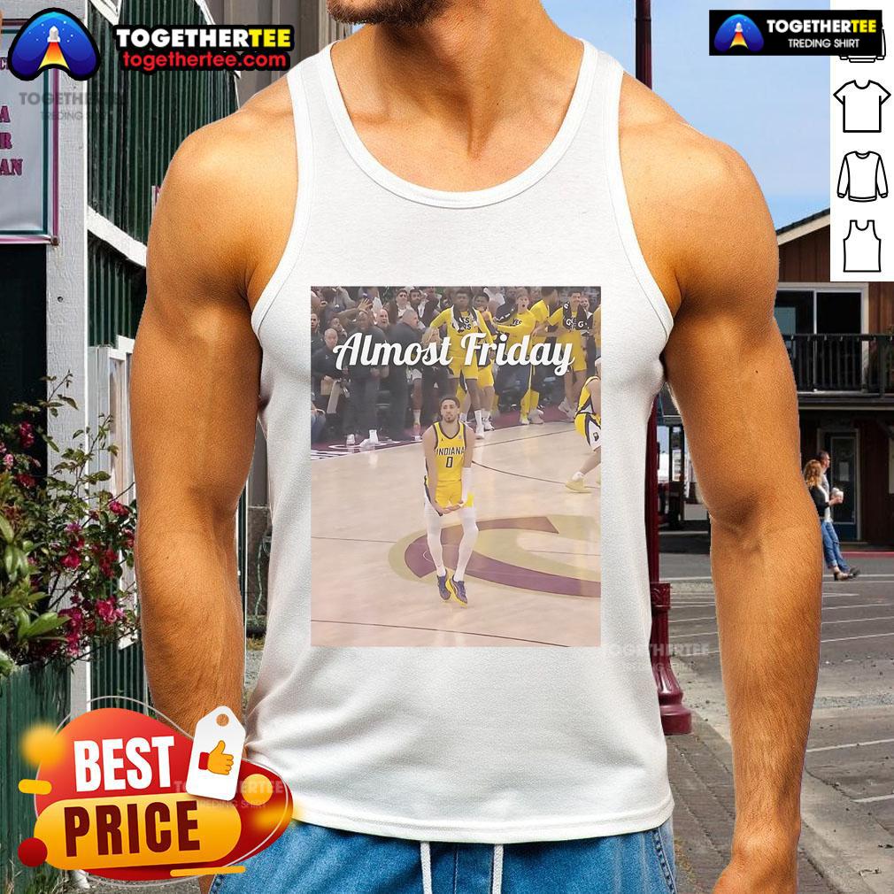 Official Tyrese Haliburton Indiana Pacers Big Nuts Almost Friday Tank Top Tyrese Haliburton wearing an Indiana Pacers tank top with 'Big Nuts' design, perfect for Almost Friday vibes.