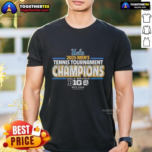 Official UCLA Bruins 2025 Men's Tennis Big Ten Tournament Champions T-Shirt featuring team logo and championship graphics.