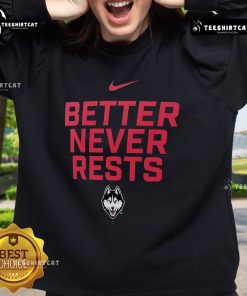 Official UConn Huskies Better Never Rests Sweatshirt in navy, showcasing team pride and comfort for fans.