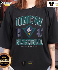 Official UNC Wilmington Seahawks Basketball 1947 Ladies Tee in navy blue with vibrant team logo and stylish design.