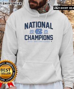 Official UNC Women's Lacrosse 2025 National Champions Hoodie featuring team colors and logo, perfect for fans and supporters.