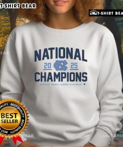 Official UNC Women's Lacrosse 2025 National Champions sweatshirt featuring team logo and championship details.