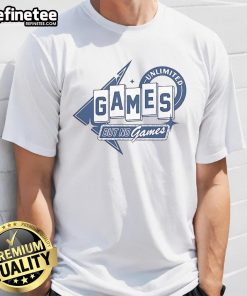 Official Unlimited Bacon But No Games Sign T-Shirt featuring a playful design for bacon lovers and food enthusiasts.