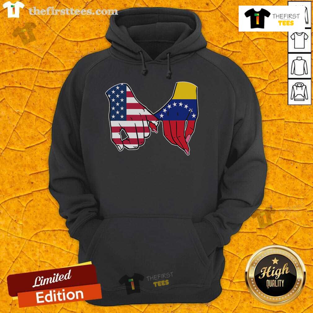 Official Usa And Venezuela Flags Hands Together Hoodie Official USA and Venezuela flags hands together hoodie, showcasing unity and cultural pride in stylish apparel.