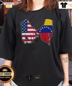 USA and Venezuela flags united with hands in a heart shape on a ladies tee, symbolizing friendship and unity.