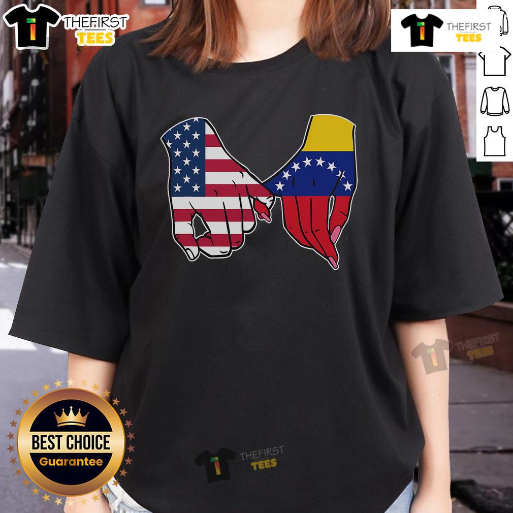 Official Usa And Venezuela Flags Hands Together Ladies Tee USA and Venezuela flags united with hands in a heart shape on a ladies tee, symbolizing friendship and unity.