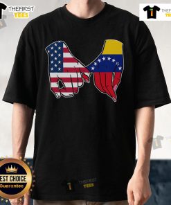 Official USA and Venezuela flags hands together T-shirt design showcasing unity and cultural pride.