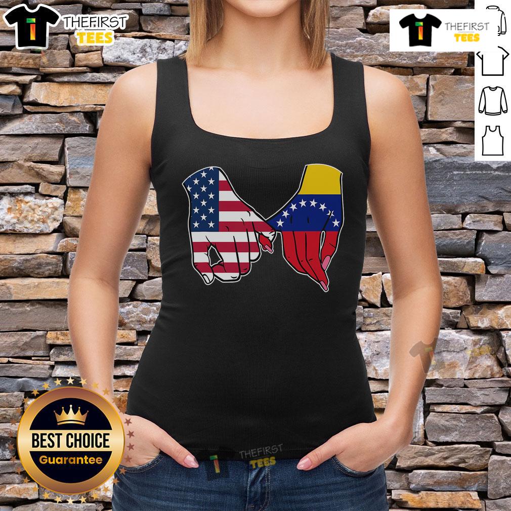 Official Usa And Venezuela Flags Hands Together Tank Top USA and Venezuela flags united on a tank top, symbolizing friendship and collaboration between the two nations.