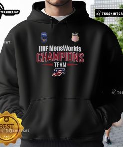 Official USA Hockey 2025 IIHF Mens World Junior Championship hoodie in navy with logo and sporty design.