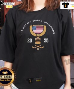 USA Hockey Ice Hockey World Champions 2025 Ladies Tee featuring official logo and vibrant design for fans.