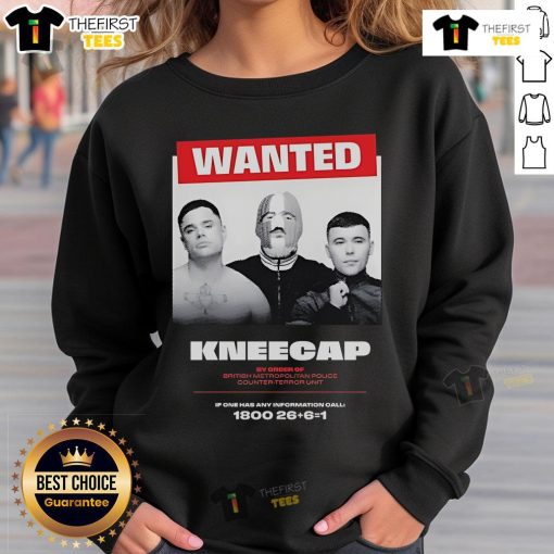 Official Wanted Kneecap sweatshirt by order of British Metropolitan Police, featuring bold graphic design for counter-terrorism.