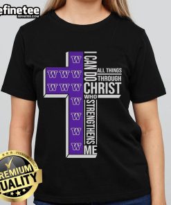 Alt Text: Official Washington Huskies ladies tee featuring 'I Can Do All Things Through Christ' motivational quote.