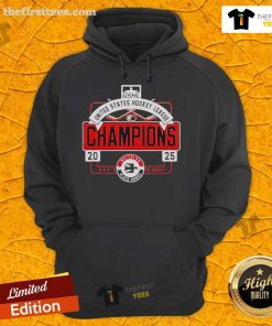 Official Waterloo Black Hawks USHL Champions men's ice hockey hoodie, featuring team logo and championship colors.