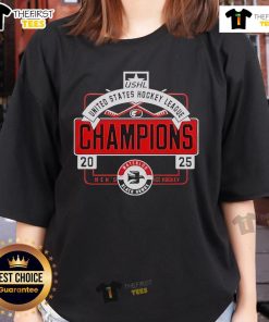 2025 Official Waterloo Black Hawks USHL Champions tee for women, showcasing team pride in men's ice hockey.
