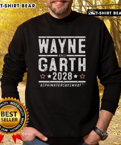 Official Wayne And Garth 2028 Asphinhtersayswhat Sweatshirt featuring iconic characters and vibrant graphics.