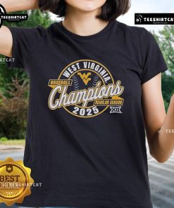 Official West Virginia Mountaineers 2025 Big 12 Baseball Champions ladies tee, showcasing team pride and style.