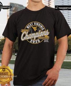 Official West Virginia Mountaineers 2025 Big 12 Baseball Champions T-Shirt featuring team logo and vibrant colors.