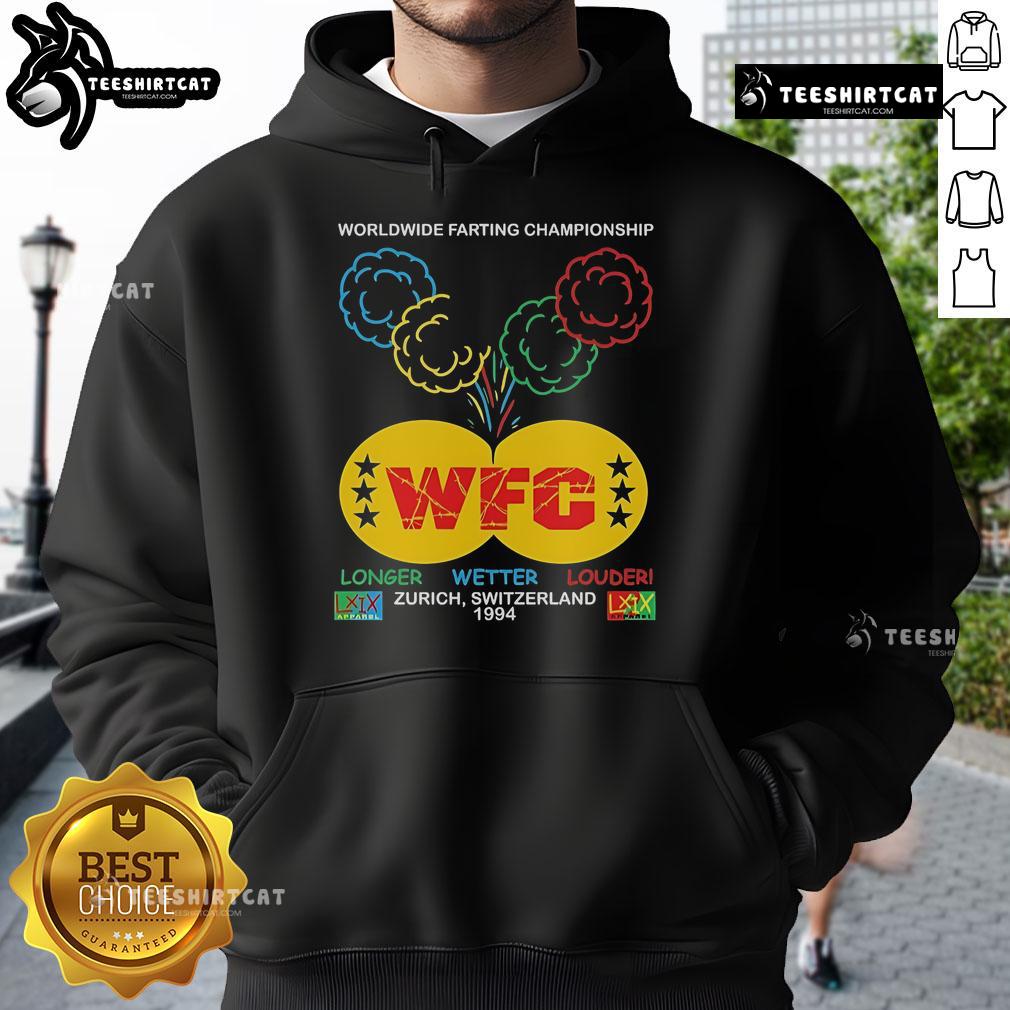 Official WFC Worldwide Farting Championship Zurich Switzerland Brian Robert Jones 1994 Hoodie Alt Text: Brian Robert Jones wearing a hoodie at the 1994 Official WFC Worldwide Farting Championship in Zurich, Switzerland.