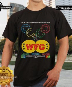 Alt Text: Official WFC Worldwide Farting Championship Zurich 1994 T-shirt by Brian Robert Jones, showcasing unique humor.
