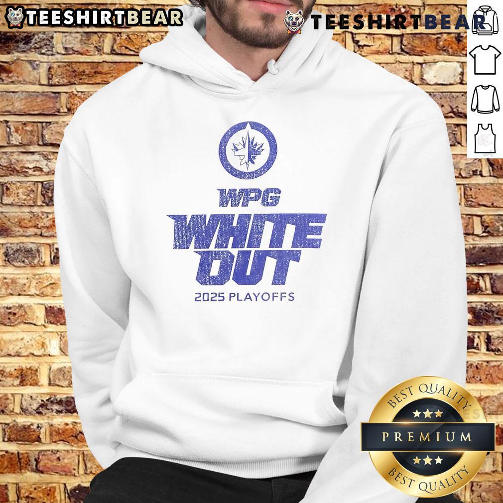 Official Winnipeg Jets 2025 Playoffs Wpg White Out Hoodie Alt Text: Official Winnipeg Jets 2025 Playoffs WPG White Out Hoodie displayed on a hanger, showcasing team colors and logo.
