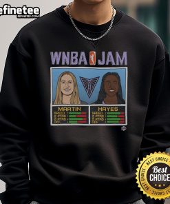 Alt Text: Official WNBA Jam Valkyries Martin and Hayes sweatshirt showcasing vibrant team colors and logo design.