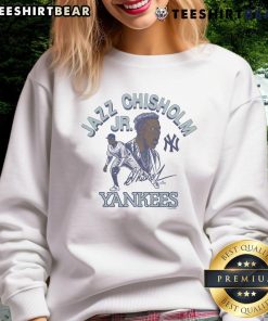 Alt Text: Official Yankees Jazz Chisholm Jr. signature sweatshirt featuring team colors and unique design for fans.