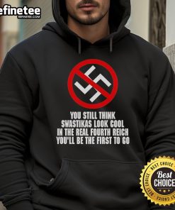 Anti-Nazi hoodie featuring bold text: 'You Still Think Swastikas Look Cool? The Real Fourth Reich.' Perfect for activism.