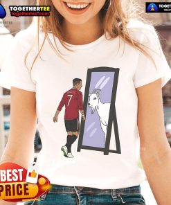 Alt Text: Original Cristiano Ronaldo Mirror Goat Ladies Tee featuring a stylish design celebrating the soccer legend.