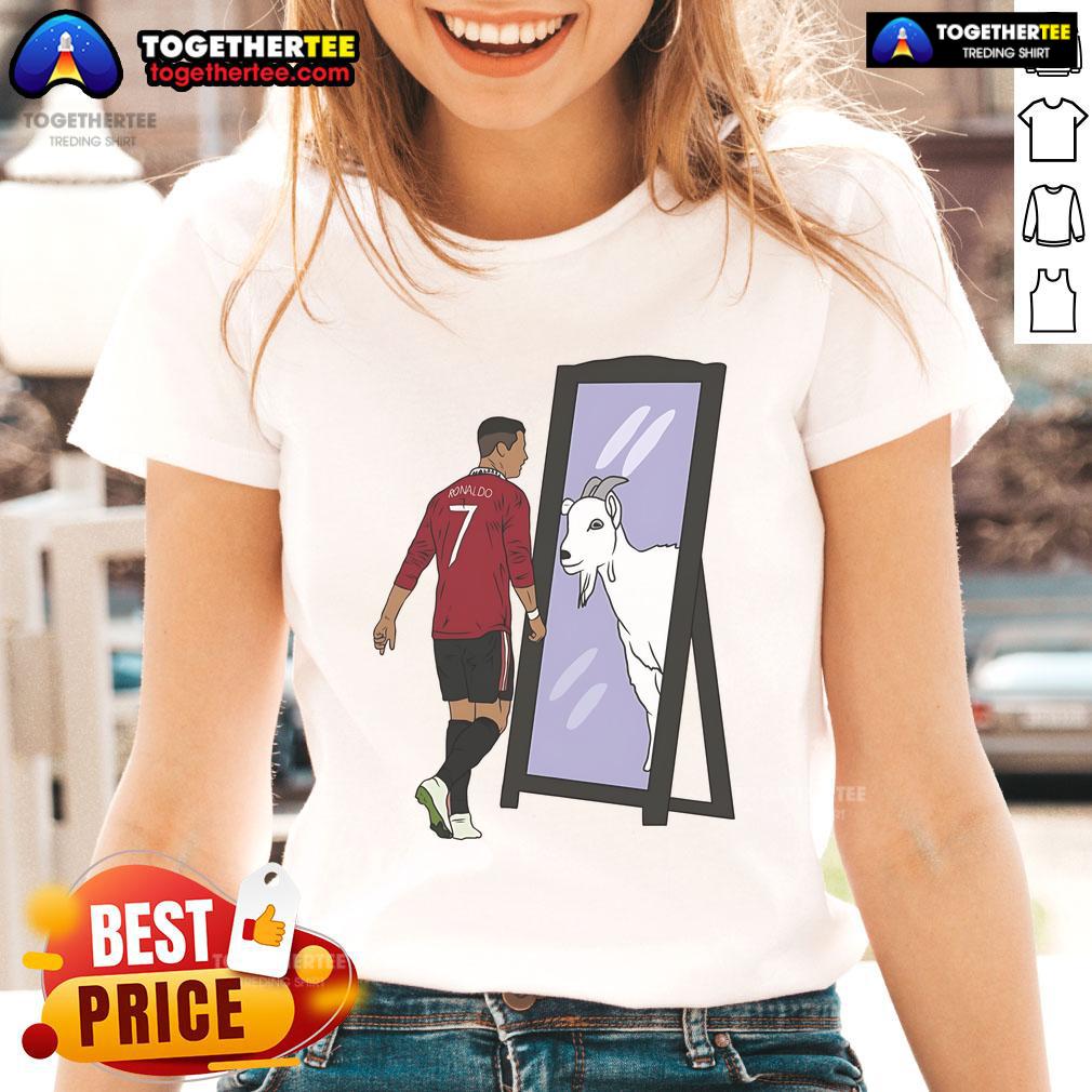 Original Cristiano Ronaldo Mirror Goat Ladies Tee Alt Text: Original Cristiano Ronaldo Mirror Goat Ladies Tee featuring a stylish design celebrating the soccer legend.