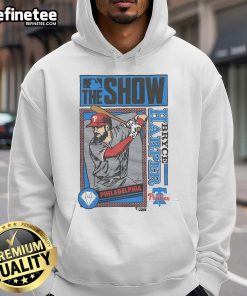 Original MLB The Show Bryce Harper hoodie featuring Philadelphia Phillies logo and vibrant graphics.