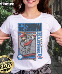 Original MLB The Show Phillies Bryce Harper ladies tee featuring vibrant graphics and comfortable fit for fans.