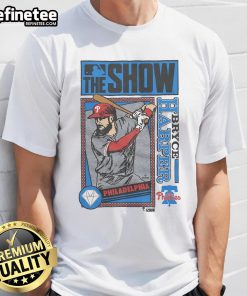 Alt Text: Original MLB The Show Phillies Bryce Harper T-Shirt featuring vibrant team colors and player graphics. Perfect for fans!