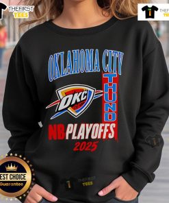Alt Text: Fan wearing an Original Oklahoma City Thunder NBA Playoffs 2025 sweatshirt, showcasing team pride and style.