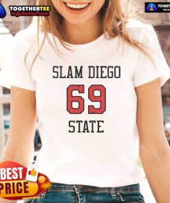 Original Slam Diego State 69 Ladies Tee featuring vibrant graphics and a comfortable fit for fans and casual wear.