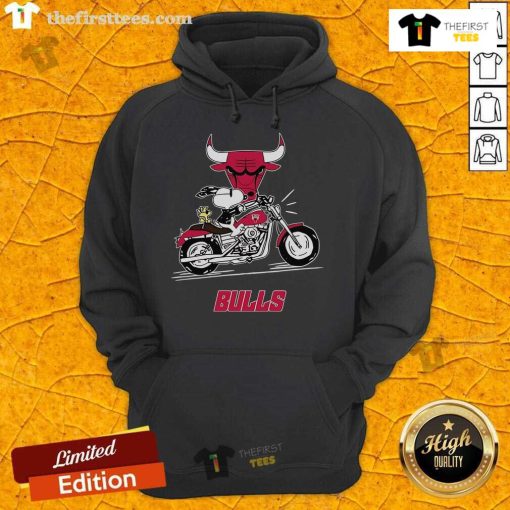 Alt Text: Original Snoopy and Woodstock driving a motorbike on a Chicago Bulls hoodie, showcasing iconic cartoon characters.