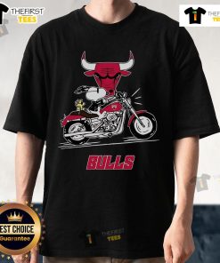 Alt Text: Original Snoopy and Woodstock on a motorbike Chicago Bulls T-Shirt, featuring vibrant colors and playful design.