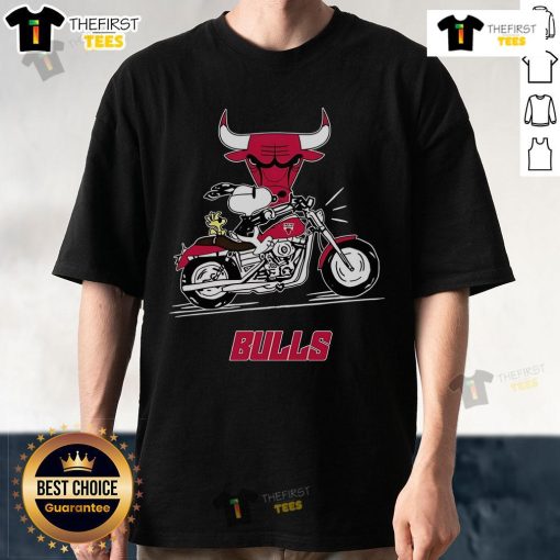 Alt Text: Original Snoopy and Woodstock on a motorbike Chicago Bulls T-Shirt, featuring vibrant colors and playful design.